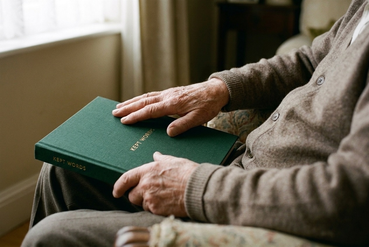 An elderly man's hands resting on the finished book in his lap