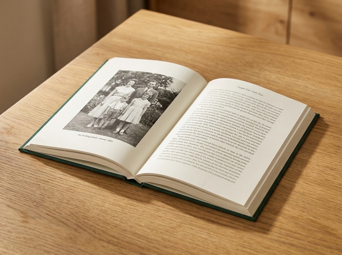 An open Capture & Keep book: a family photograph on the left page, written story on the right